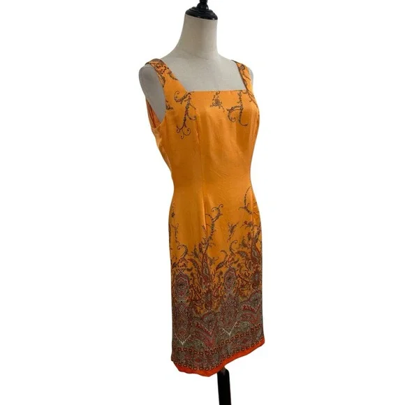 Vtg 90s Ann Taylor Orange Silk Shift Midi Dress Sz 6 Paisley Boho Cocktail Event - Picture 3 of 8